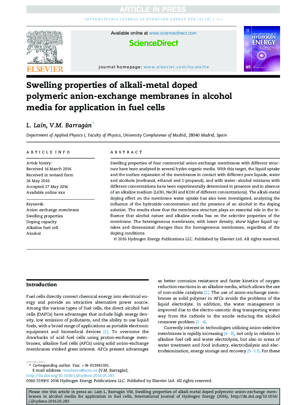 Swelling properties of alkali-metal doped polymeric anion-exchange membranes in alcohol media for application in fuel cells