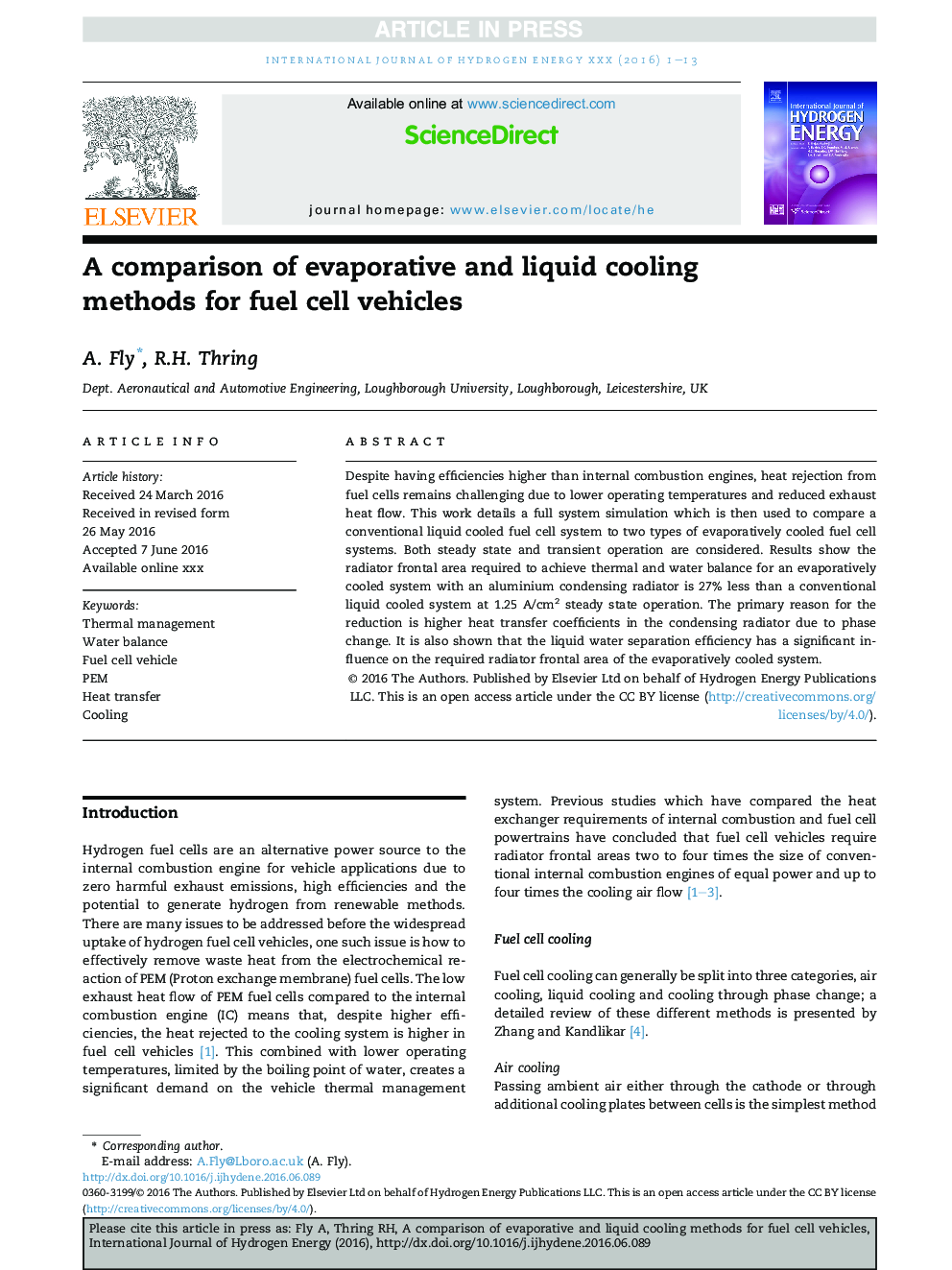 A comparison of evaporative and liquid cooling methods for fuel cell vehicles