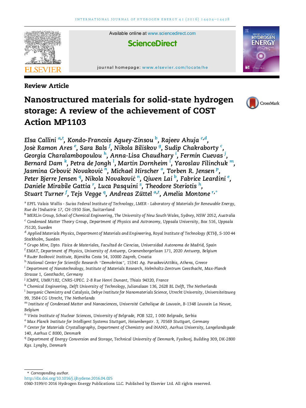 Nanostructured materials for solid-state hydrogen storage: A review of the achievement of COST Action MP1103