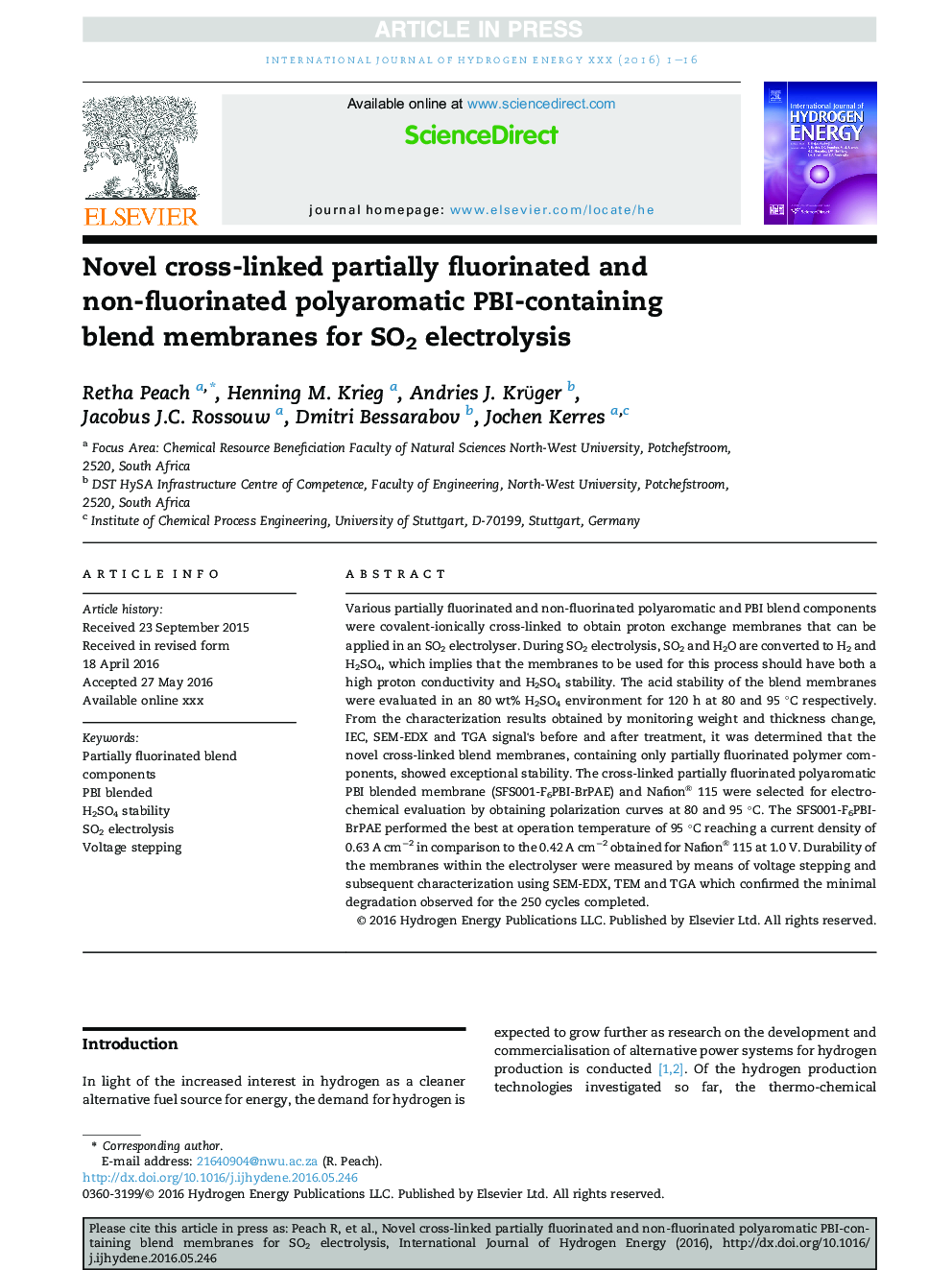 Novel cross-linked partially fluorinated and non-fluorinated polyaromatic PBI-containing blendÂ membranes for SO2 electrolysis