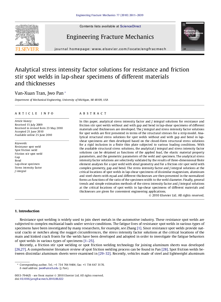 Analytical stress intensity factor solutions for resistance and friction stir spot welds in lap-shear specimens of different materials and thicknesses