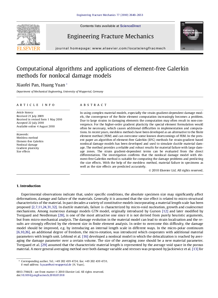 Computational algorithms and applications of element-free Galerkin methods for nonlocal damage models