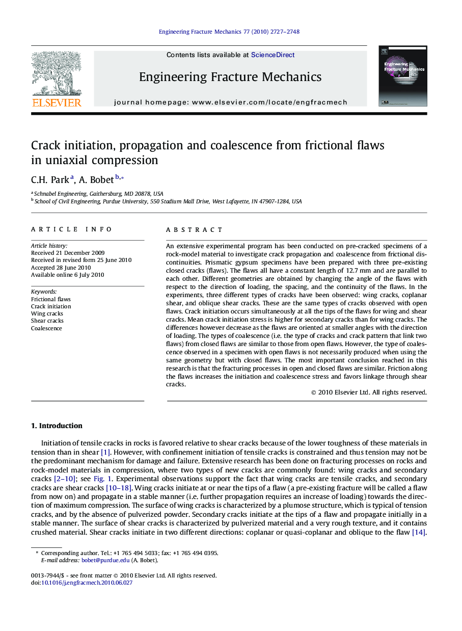 Crack initiation, propagation and coalescence from frictional flaws in uniaxial compression