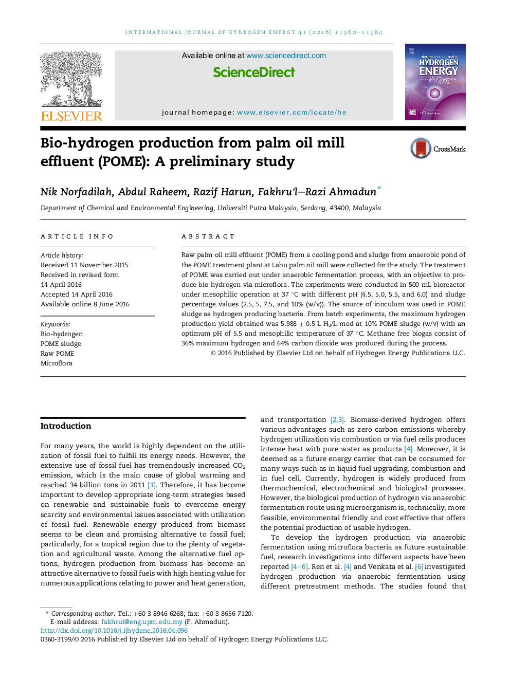 Bio-hydrogen production from palm oil mill effluent (POME): A preliminary study