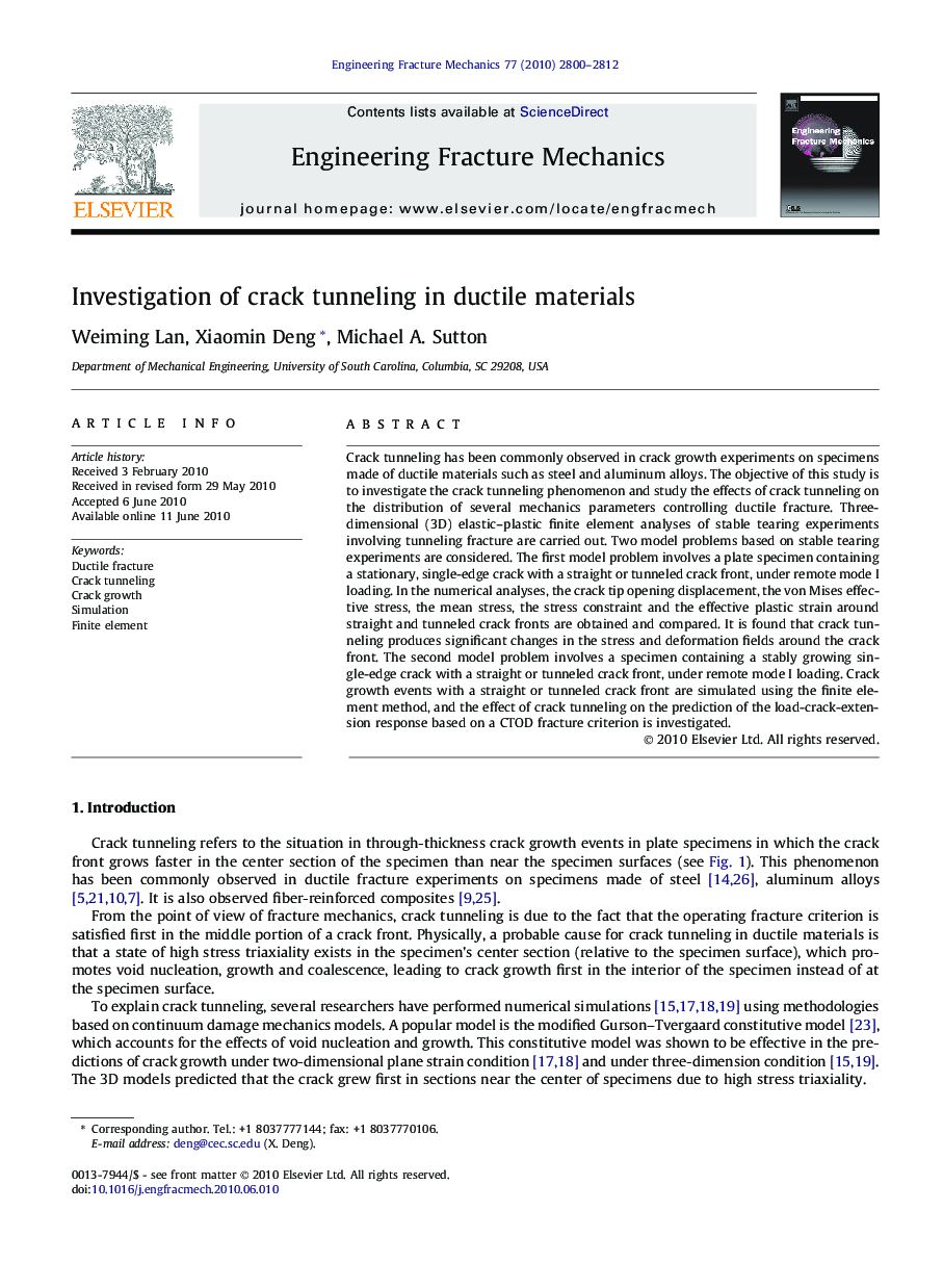 Investigation of crack tunneling in ductile materials