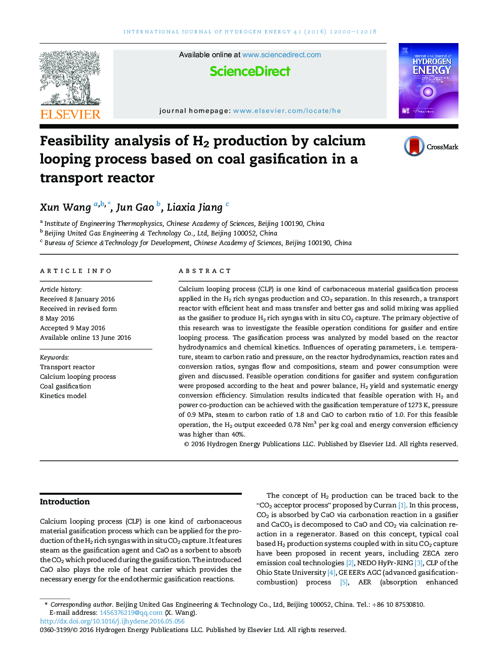 Feasibility analysis of H2 production by calcium looping process based on coal gasification in a transport reactor