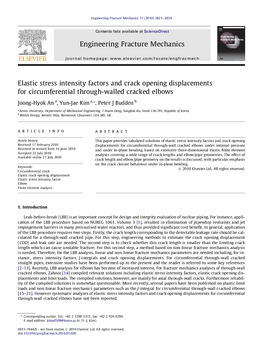 Elastic stress intensity factors and crack opening displacements for circumferential through-walled cracked elbows