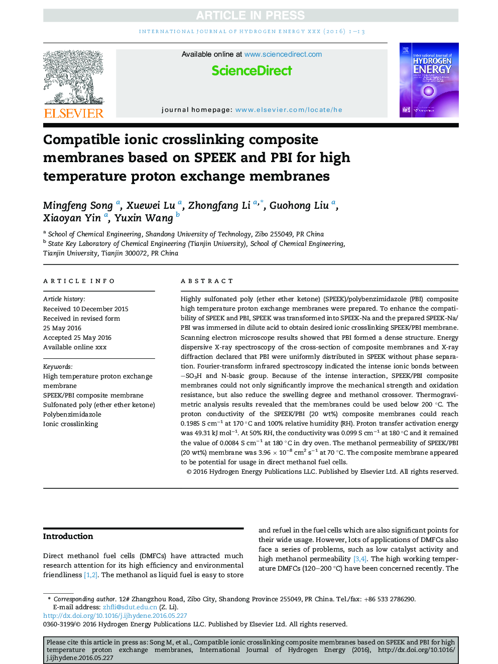 Compatible ionic crosslinking composite membranes based on SPEEK and PBI for high temperature proton exchange membranes