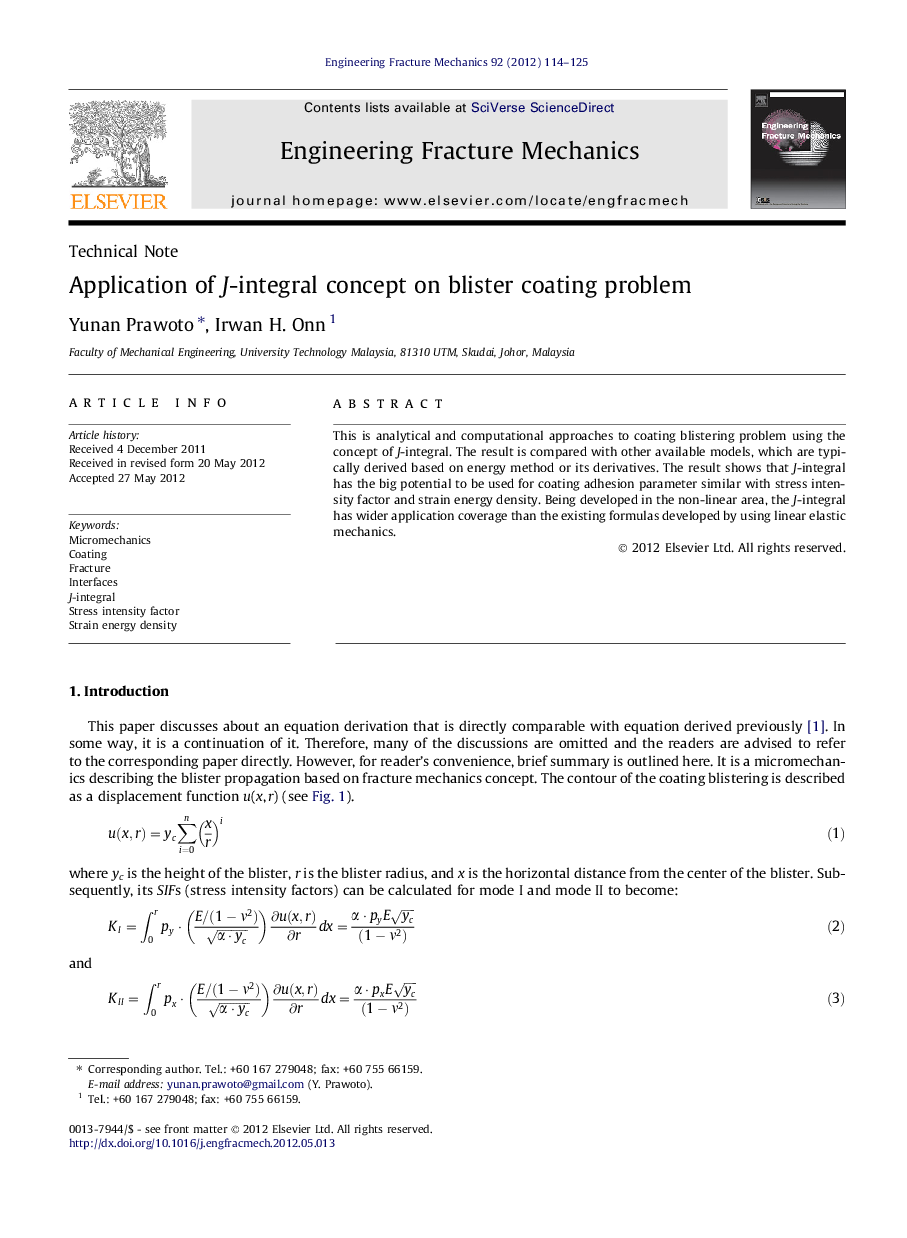 Application of J-integral concept on blister coating problem