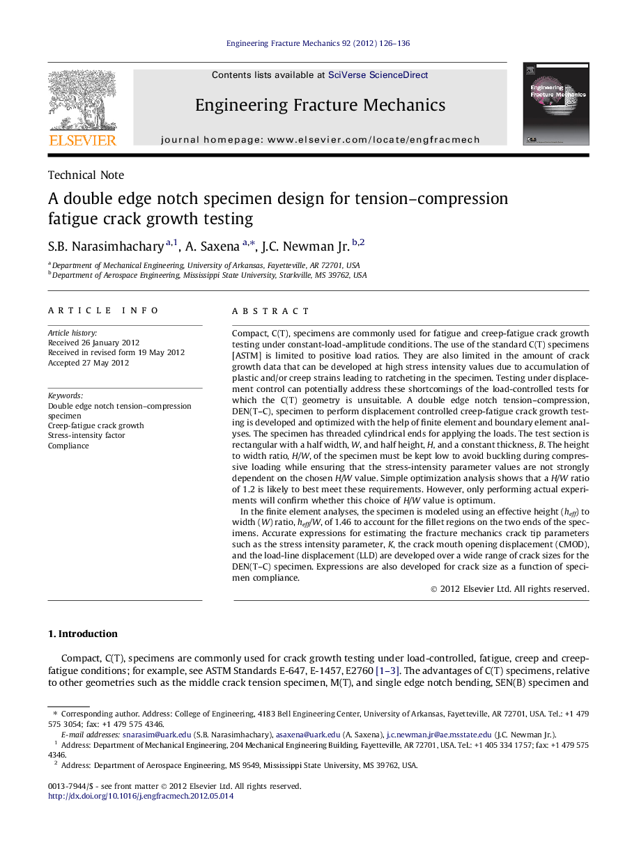 A double edge notch specimen design for tension–compression fatigue crack growth testing