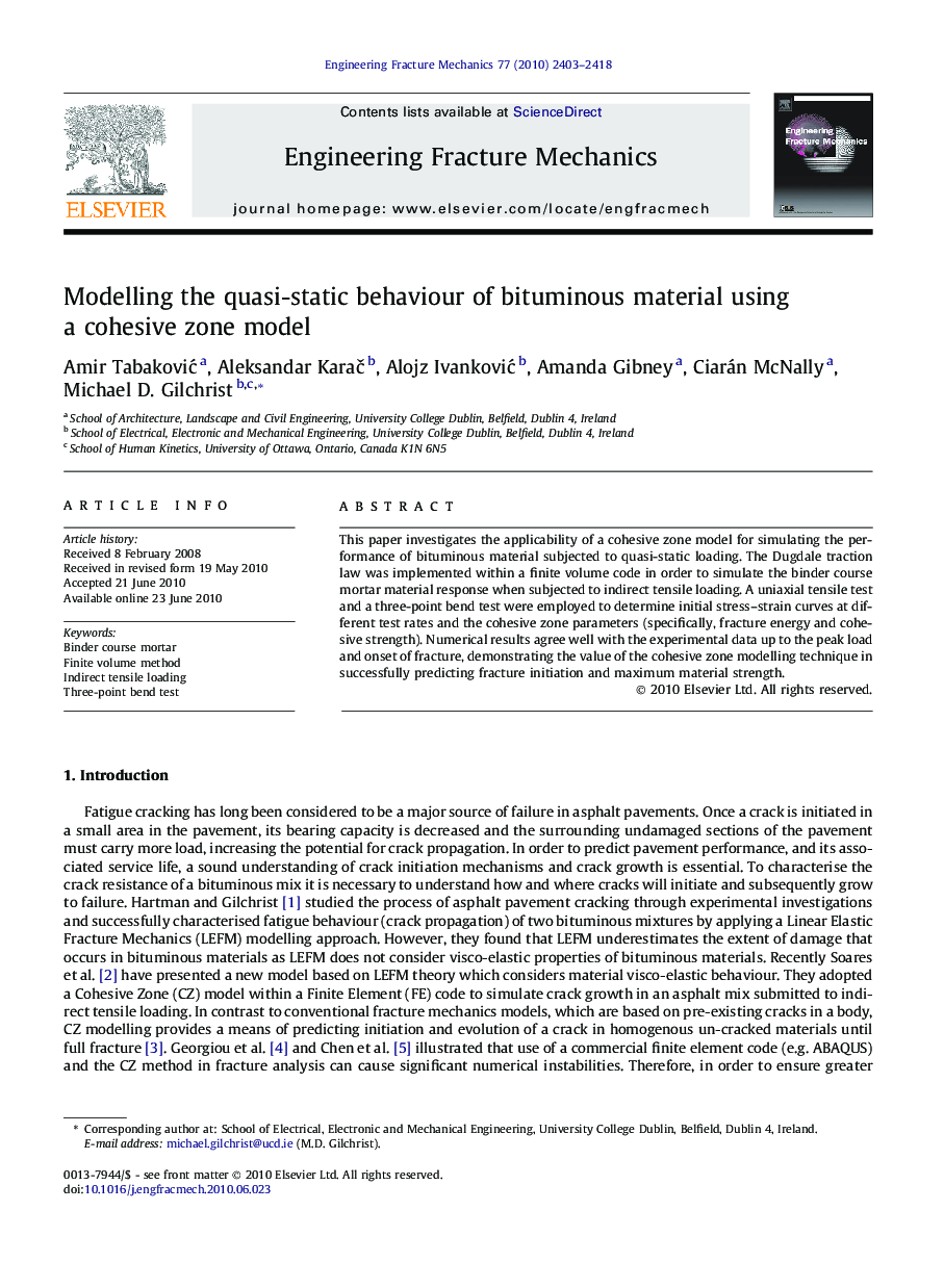 Modelling the quasi-static behaviour of bituminous material using a cohesive zone model