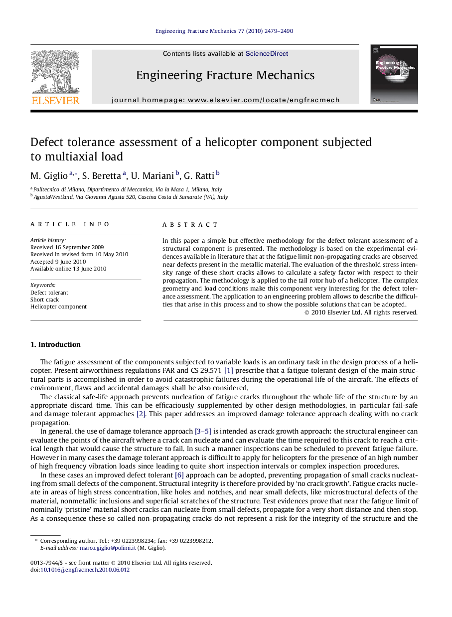 Defect tolerance assessment of a helicopter component subjected to multiaxial load