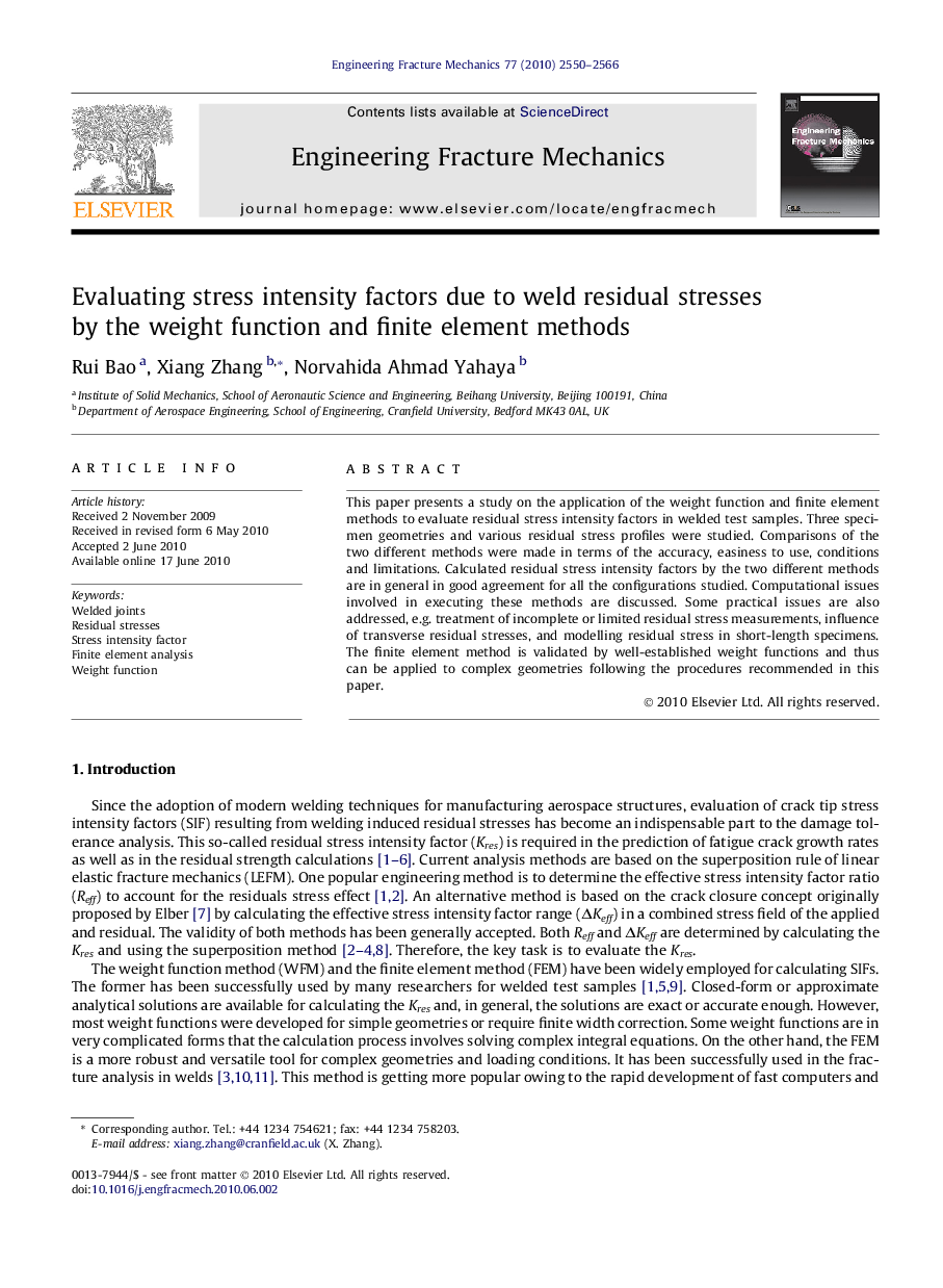 Evaluating stress intensity factors due to weld residual stresses by the weight function and finite element methods