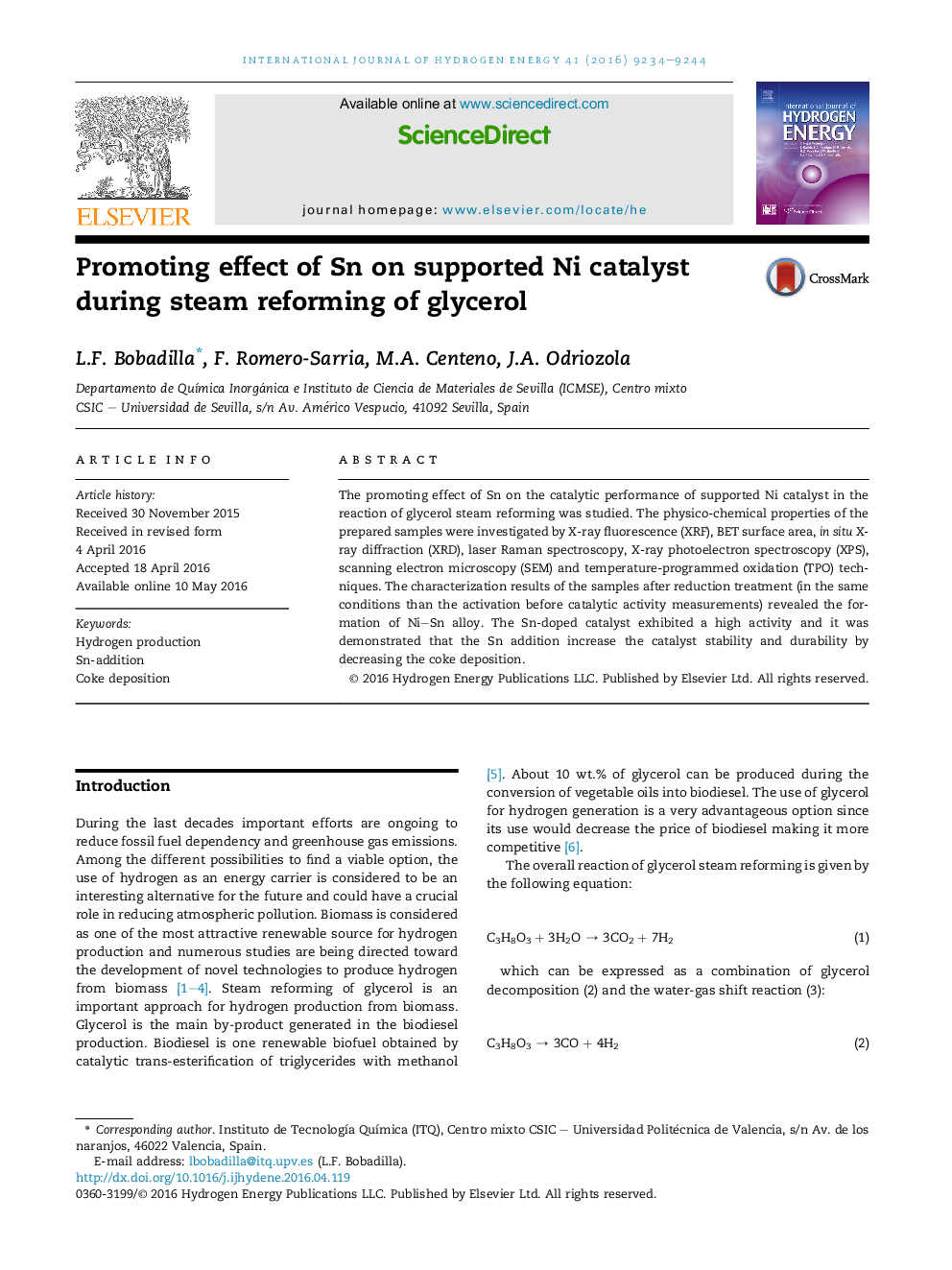 Promoting effect of Sn on supported Ni catalyst during steam reforming of glycerol