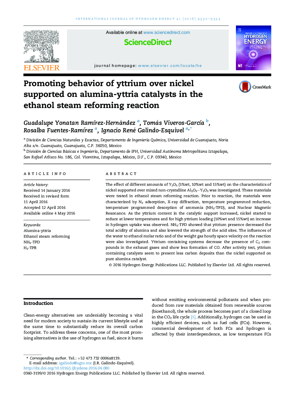 Promoting behavior of yttrium over nickel supported on alumina-yttria catalysts in the ethanol steam reforming reaction