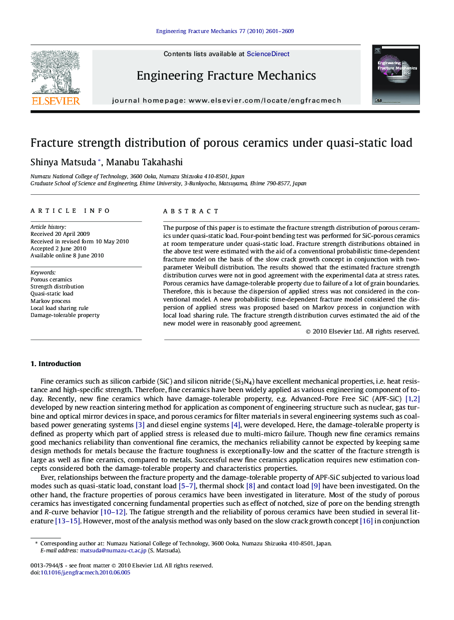 Fracture strength distribution of porous ceramics under quasi-static load