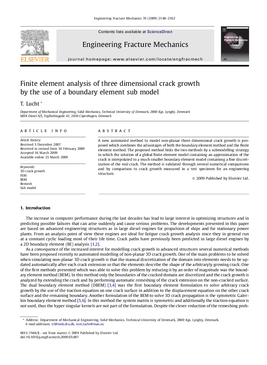 Finite element analysis of three dimensional crack growth by the use of a boundary element sub model