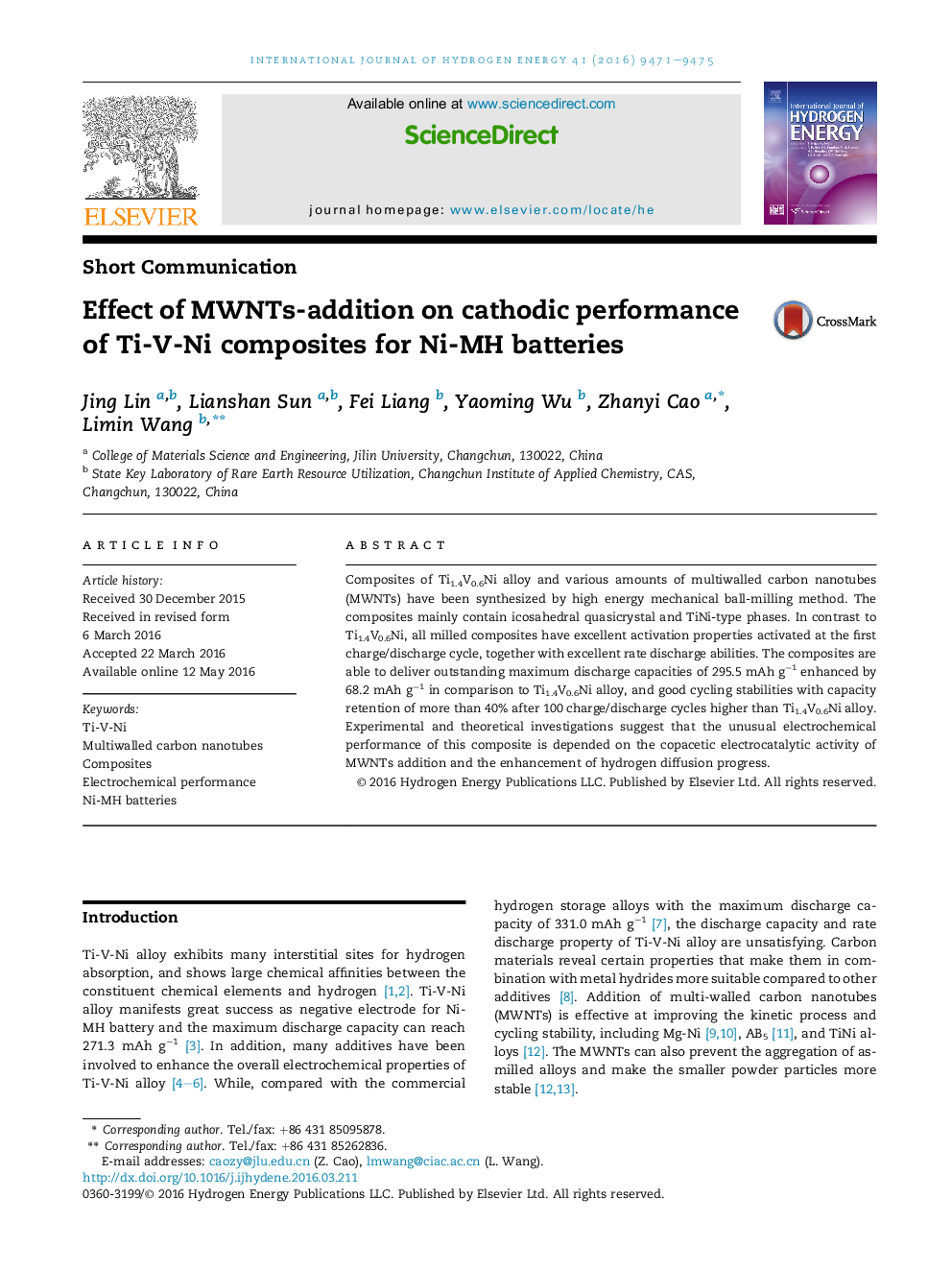 Effect of MWNTs-addition on cathodic performance of Ti-V-Ni composites for Ni-MH batteries