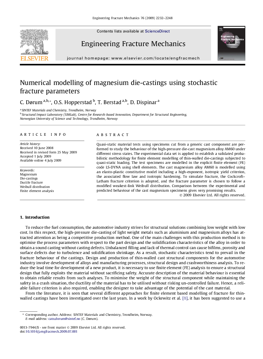 Numerical modelling of magnesium die-castings using stochastic fracture parameters