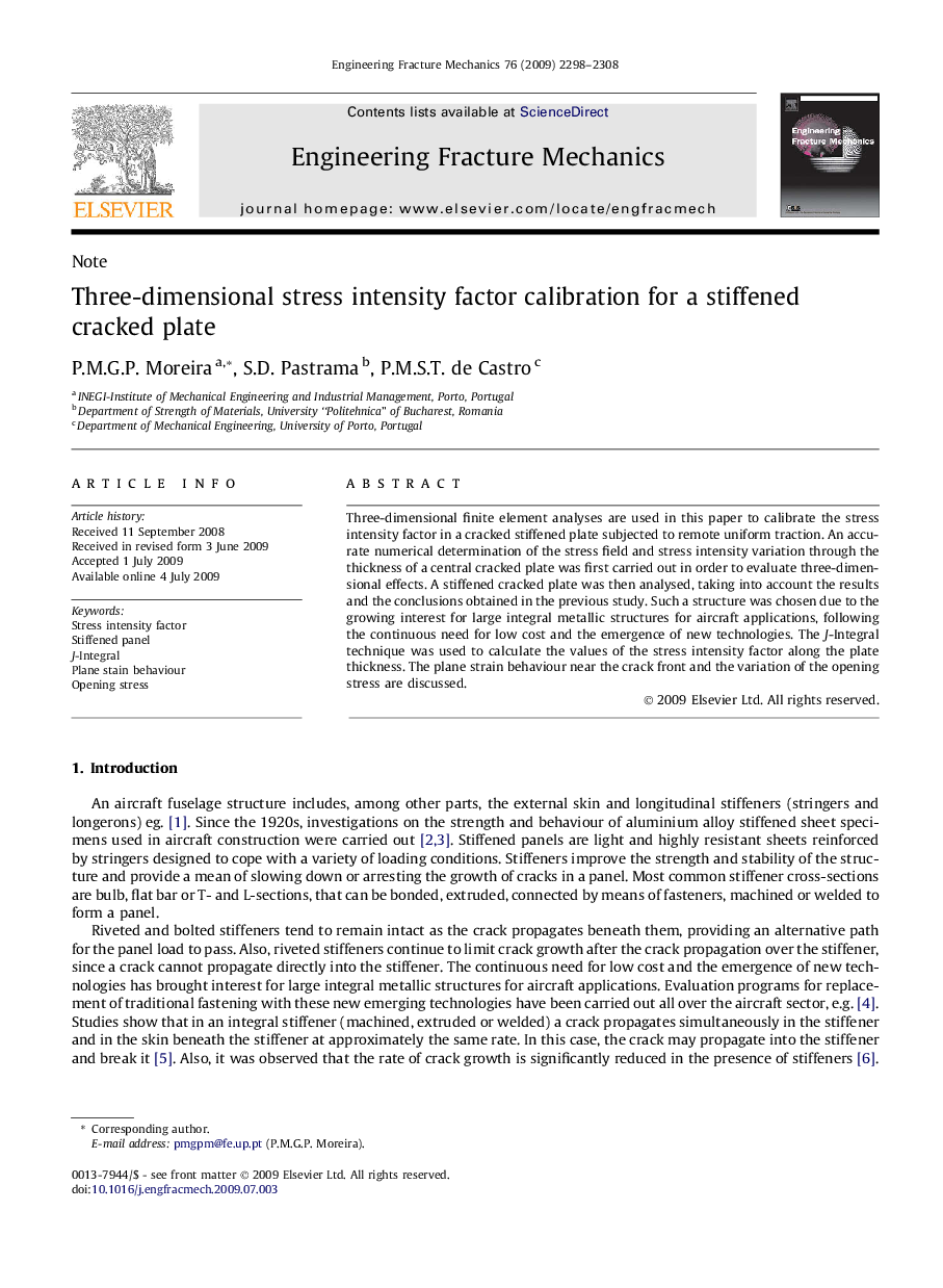 Three-dimensional stress intensity factor calibration for a stiffened cracked plate