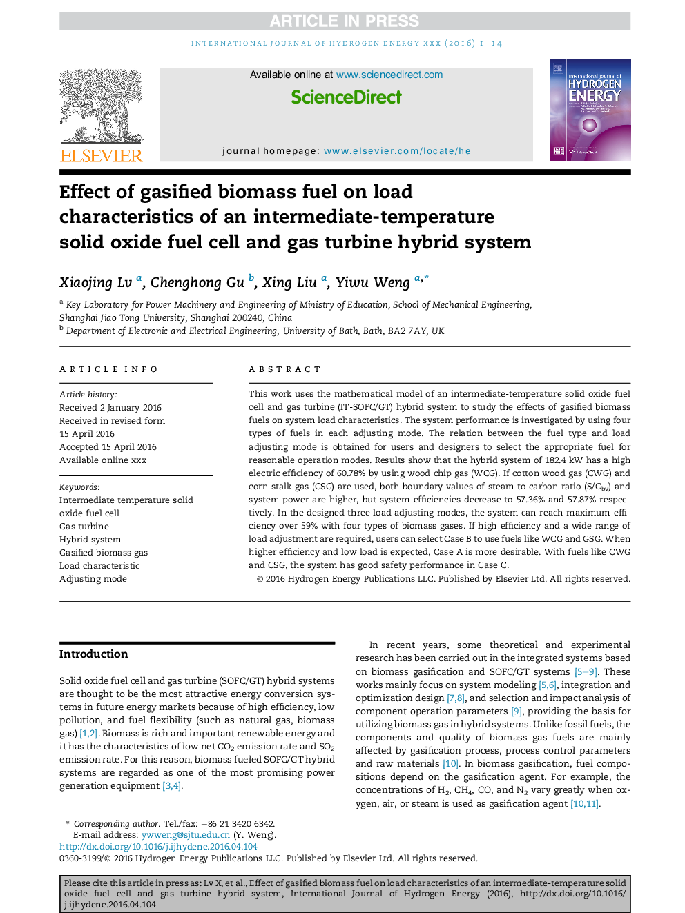 Effect of gasified biomass fuel on load characteristics of an intermediate-temperature solid oxide fuel cell and gas turbine hybrid system