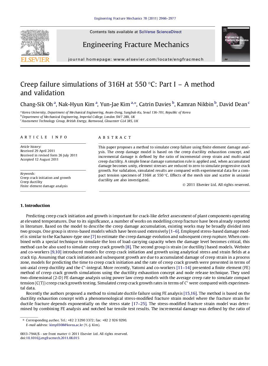 Creep failure simulations of 316H at 550 °C: Part I – A method and validation