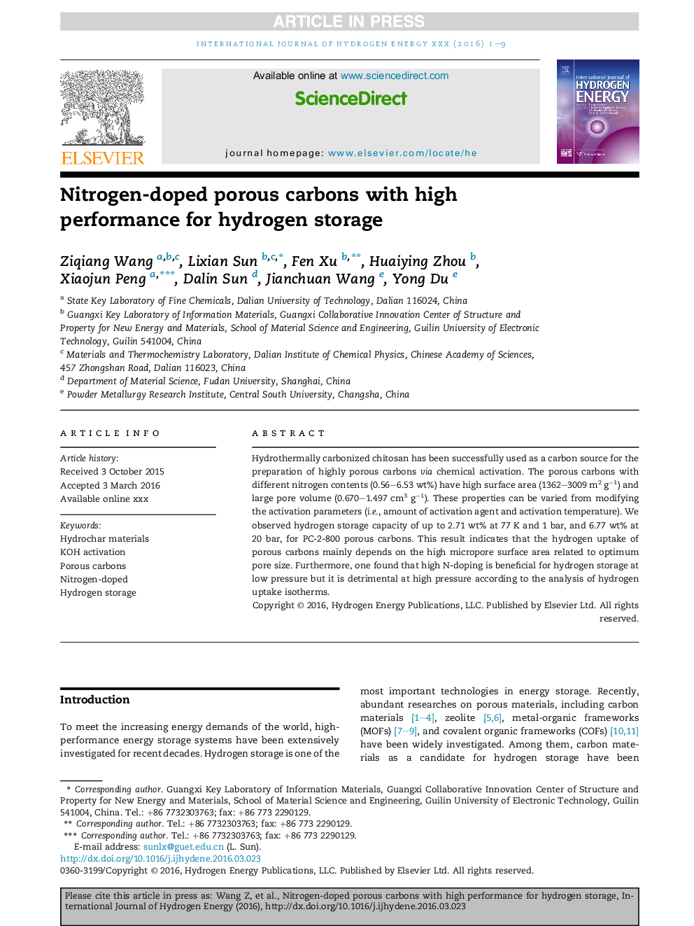 Nitrogen-doped porous carbons with high performance for hydrogen storage