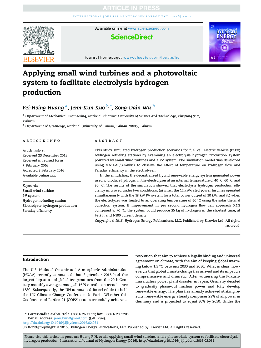 Applying small wind turbines and a photovoltaic system to facilitate electrolysis hydrogen production