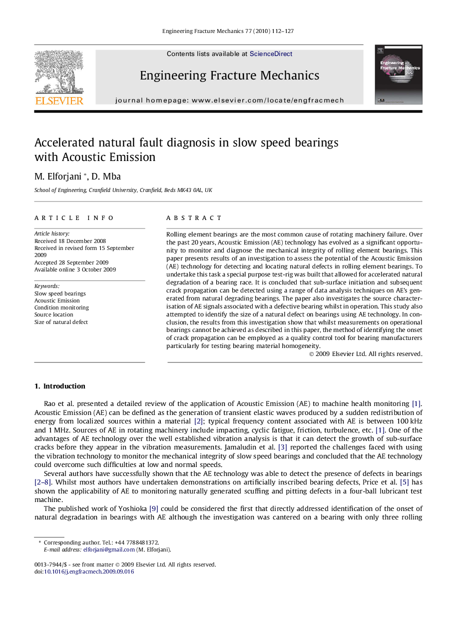 Accelerated natural fault diagnosis in slow speed bearings with Acoustic Emission