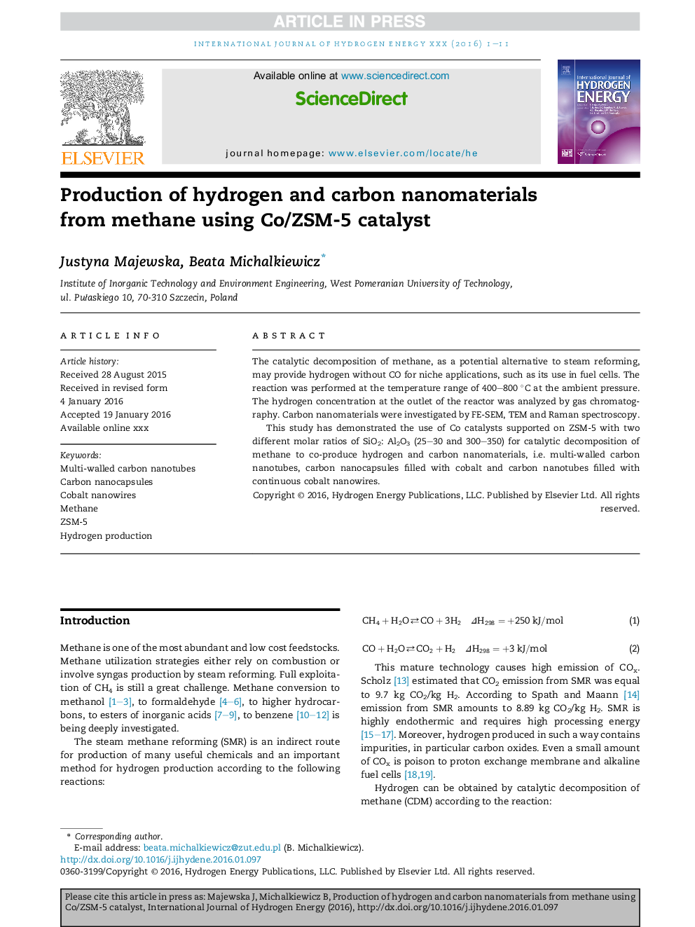 Production of hydrogen and carbon nanomaterials from methane using Co/ZSM-5 catalyst