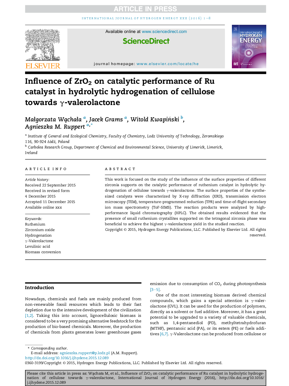 Influence of ZrO2 on catalytic performance of Ru catalyst in hydrolytic hydrogenation of cellulose towards Î³-valerolactone