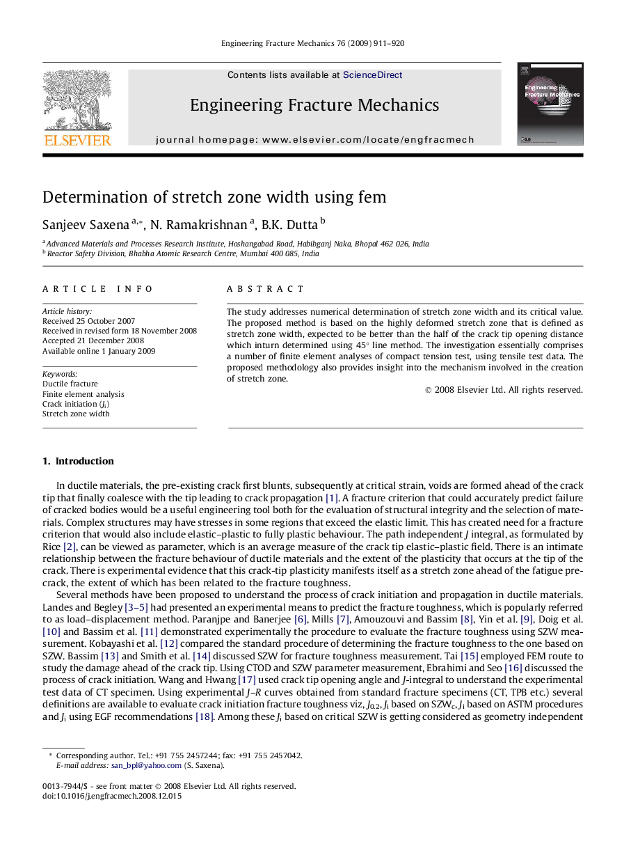 Determination of stretch zone width using fem