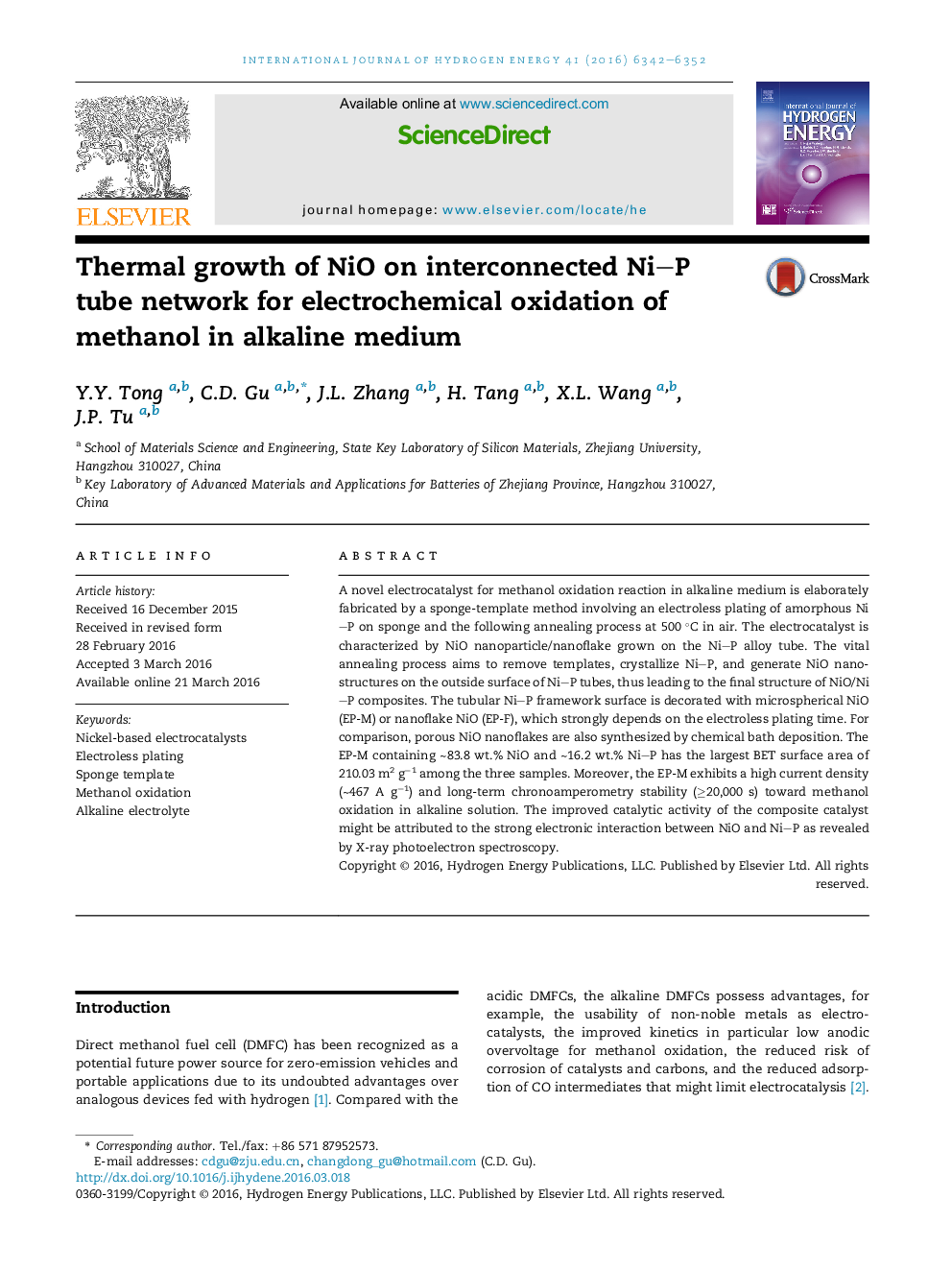 Thermal growth of NiO on interconnected Ni-P tube network for electrochemical oxidation of methanol in alkaline medium