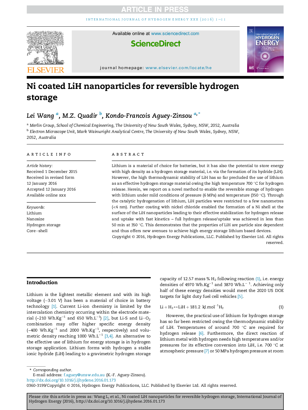 Ni coated LiH nanoparticles for reversible hydrogen storage