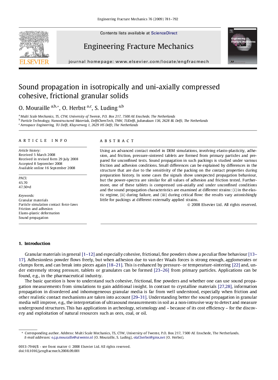 Sound propagation in isotropically and uni-axially compressed cohesive, frictional granular solids