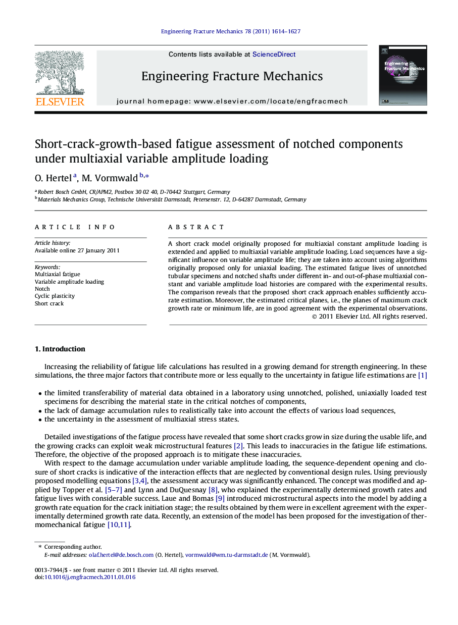 Short-crack-growth-based fatigue assessment of notched components under multiaxial variable amplitude loading