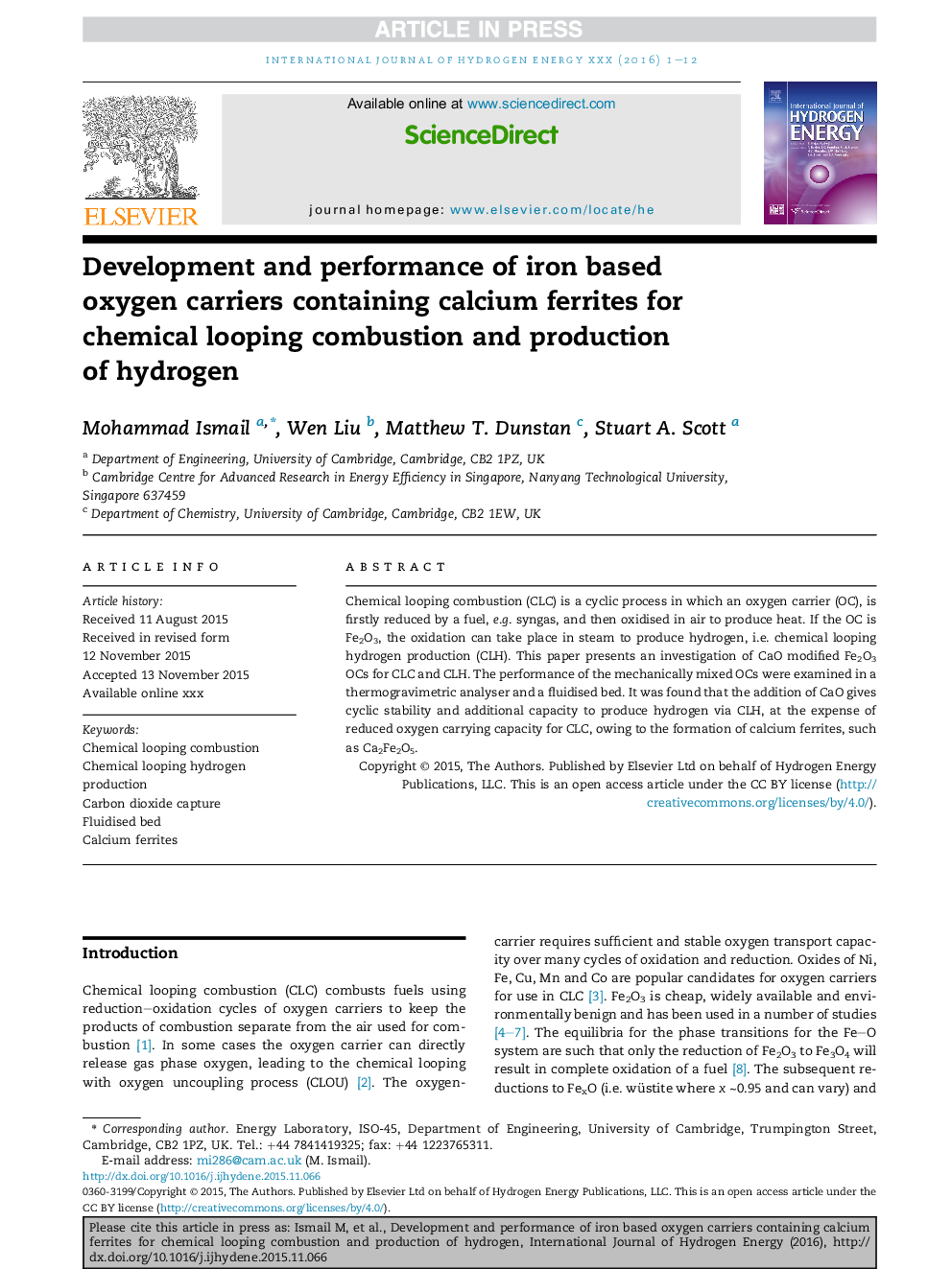 Development and performance of iron based oxygen carriers containing calcium ferrites for chemical looping combustion and production of hydrogen