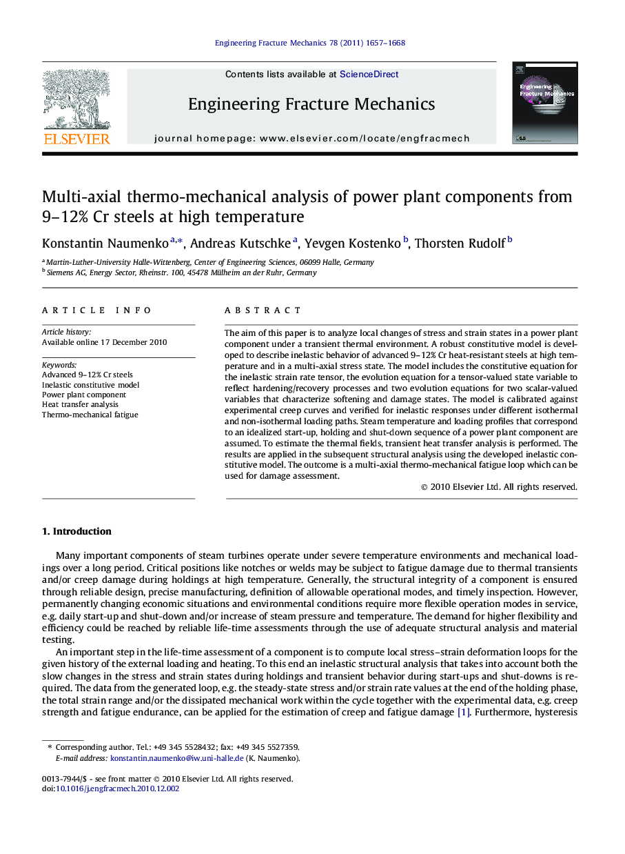 Multi-axial thermo-mechanical analysis of power plant components from 9–12% Cr steels at high temperature