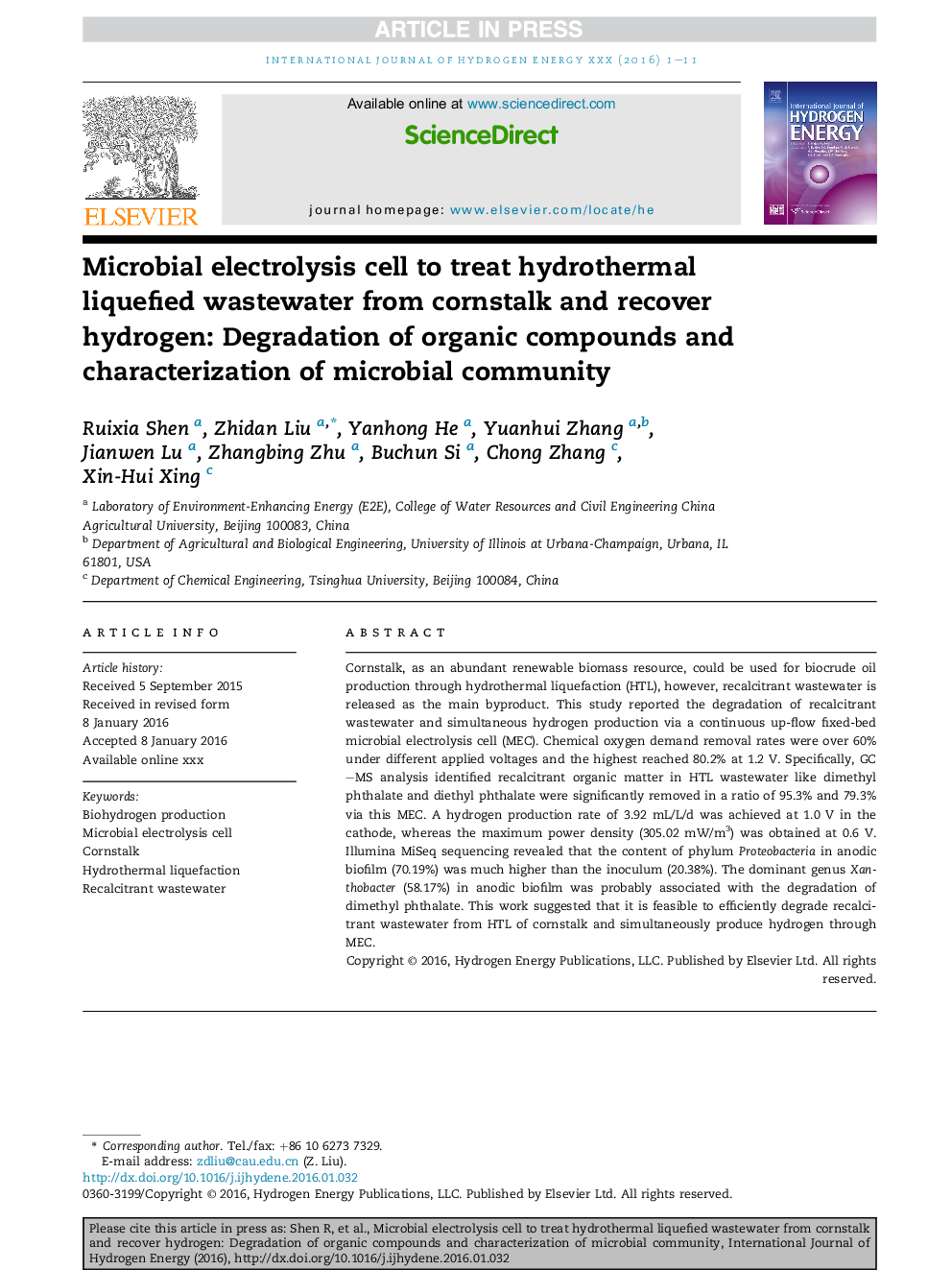 Microbial electrolysis cell to treat hydrothermal liquefied wastewater from cornstalk and recover hydrogen: Degradation of organic compounds and characterization of microbial community