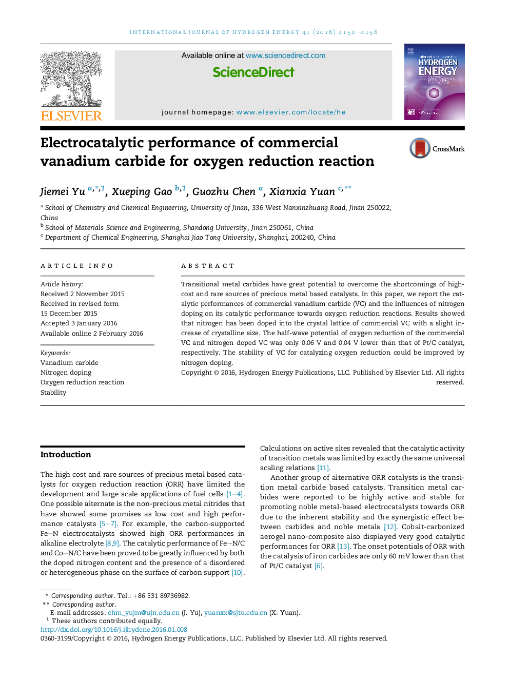 Electrocatalytic performance of commercial vanadium carbide for oxygen reduction reaction