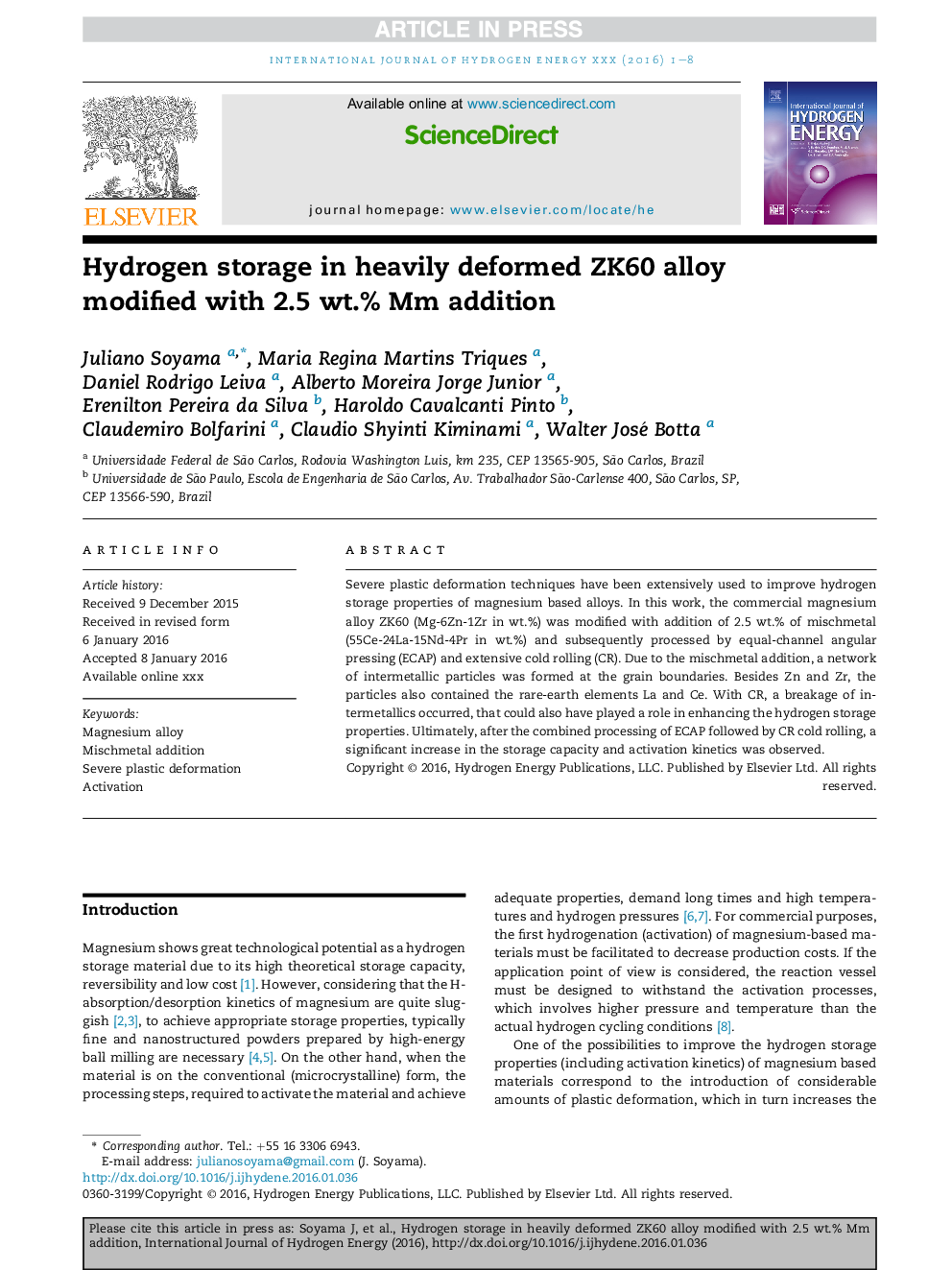 Hydrogen storage in heavily deformed ZK60 alloy modified with 2.5Â wt.% Mm addition