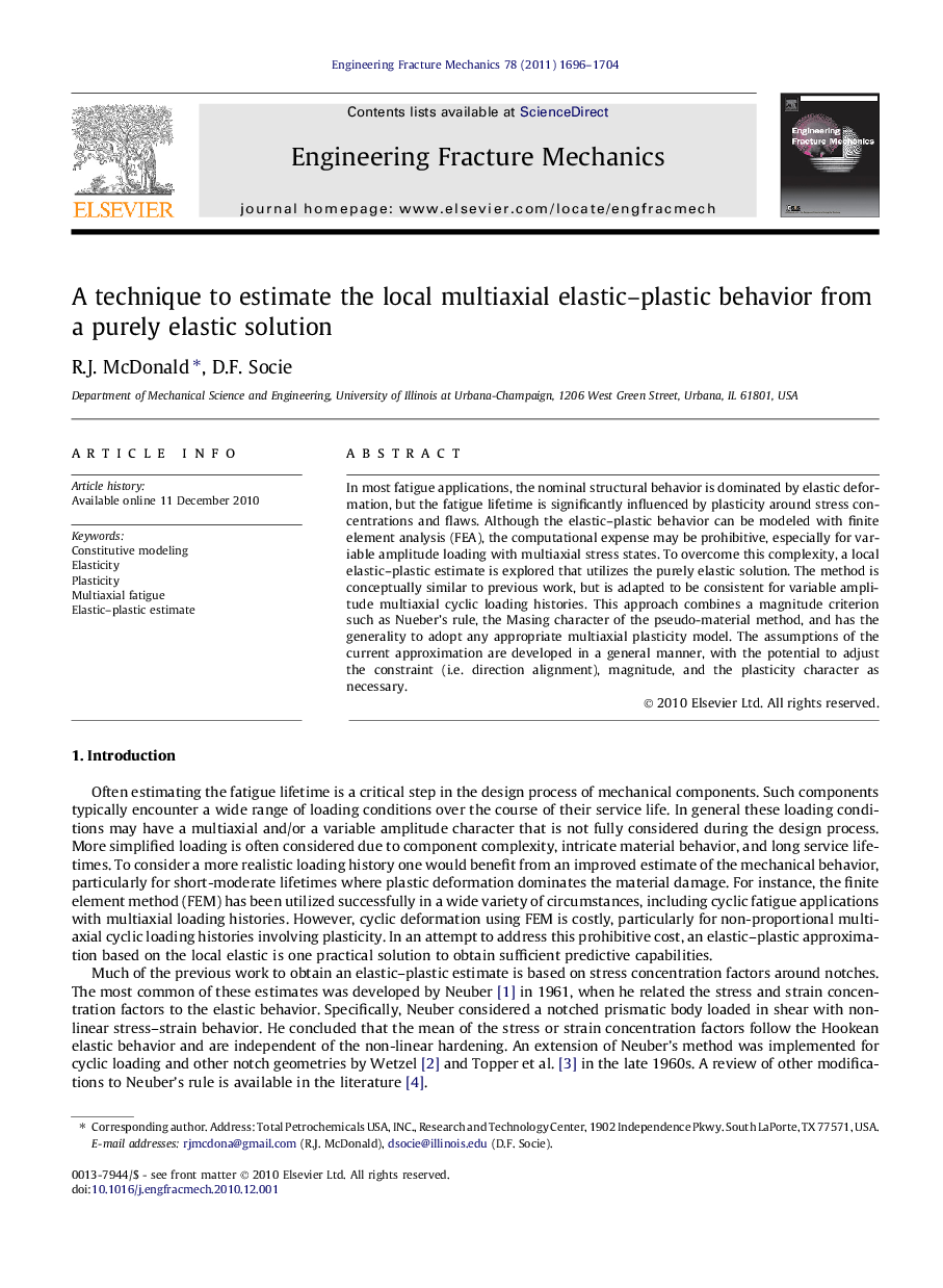 A technique to estimate the local multiaxial elastic–plastic behavior from a purely elastic solution