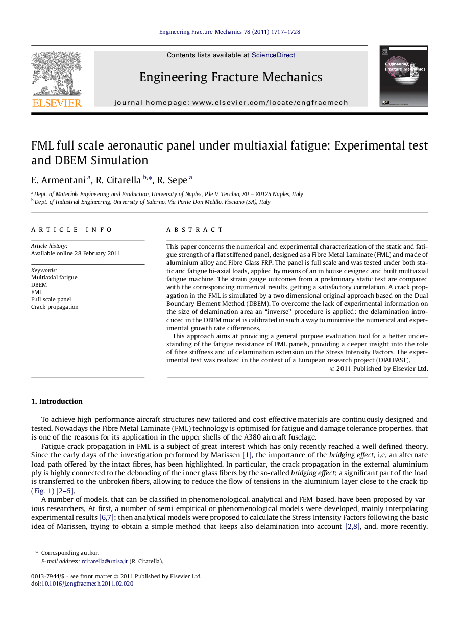 FML full scale aeronautic panel under multiaxial fatigue: Experimental test and DBEM Simulation