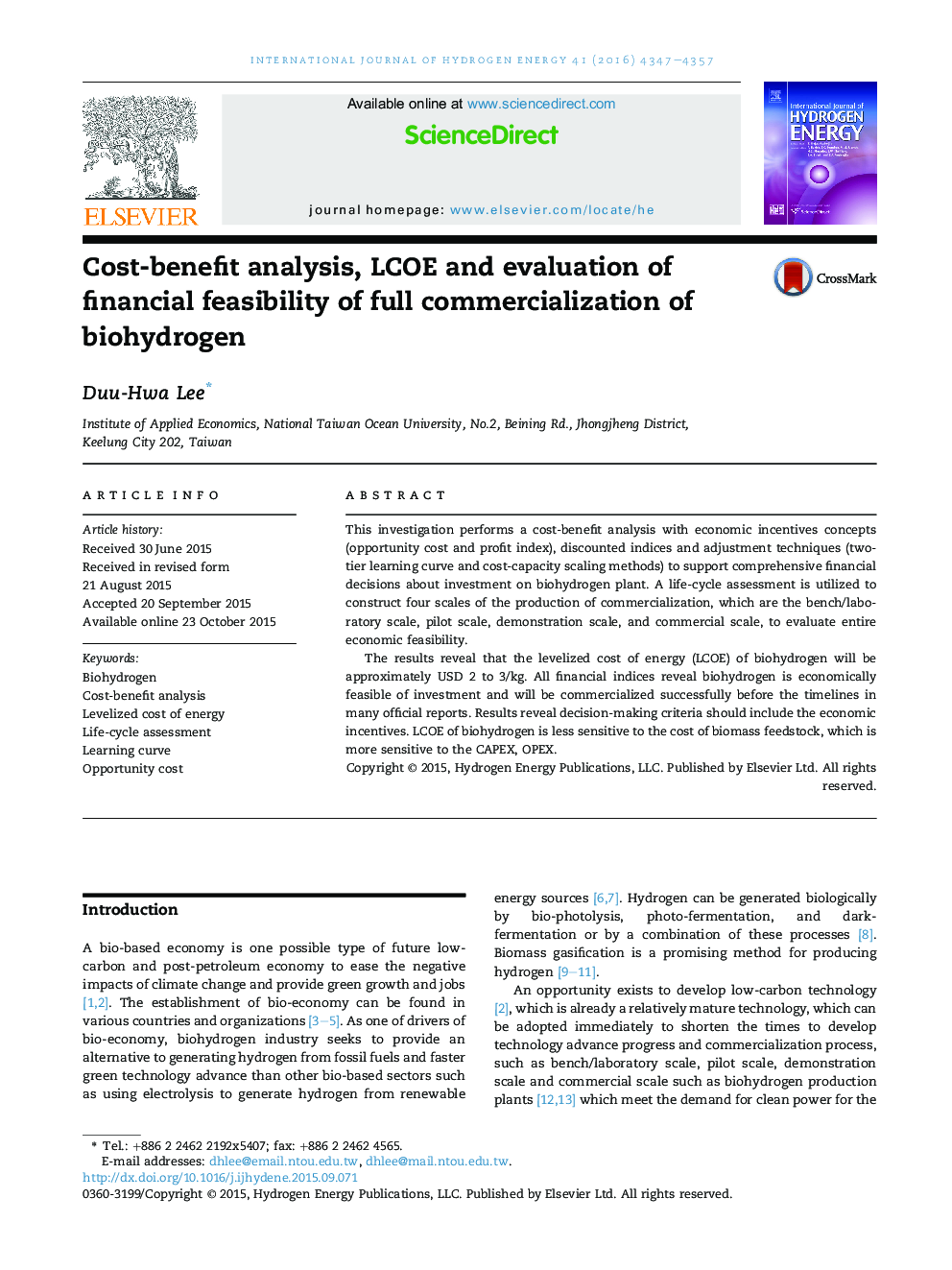 Cost-benefit analysis, LCOE and evaluation of financial feasibility of full commercialization of biohydrogen