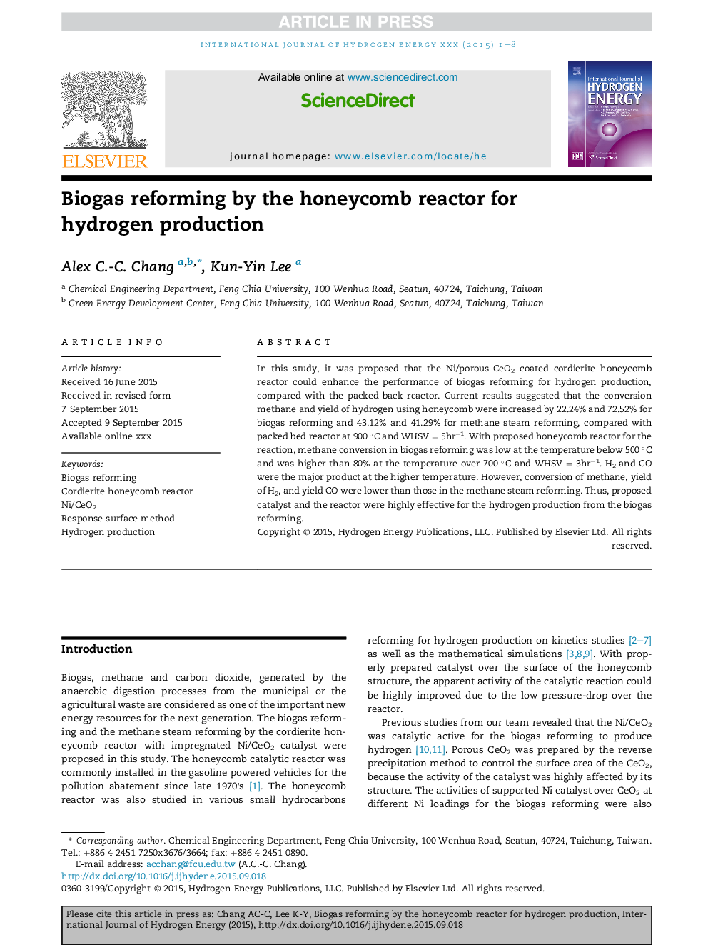 Biogas reforming by the honeycomb reactor for hydrogen production