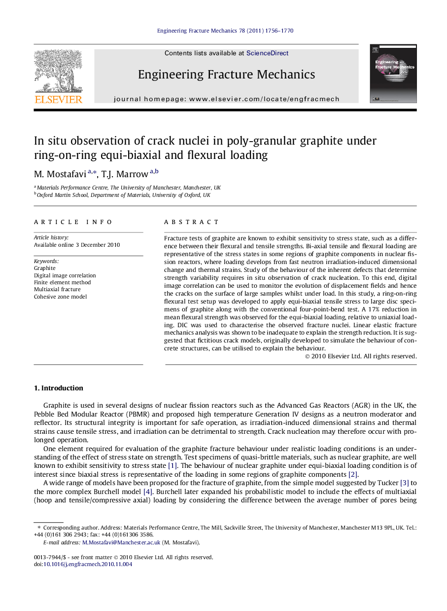 In situ observation of crack nuclei in poly-granular graphite under ring-on-ring equi-biaxial and flexural loading