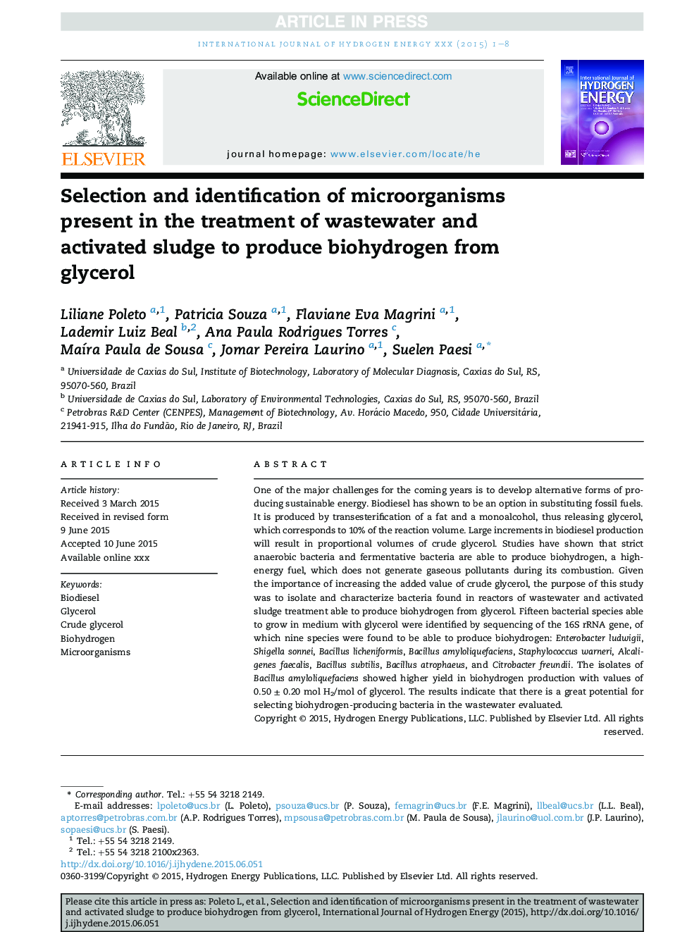 انتخاب و شناسایی میکروارگانیسم های موجود در درمان فاضلاب و لجن فعال برای تولید بیو هیدروژن از گلیسرول 