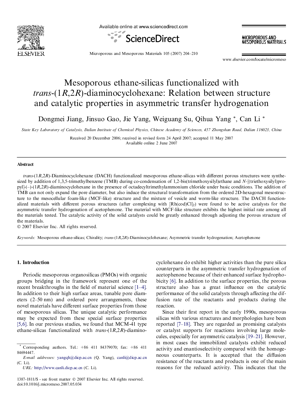 Mesoporous ethane-silicas functionalized with trans-(1R,2R)-diaminocyclohexane: Relation between structure and catalytic properties in asymmetric transfer hydrogenation