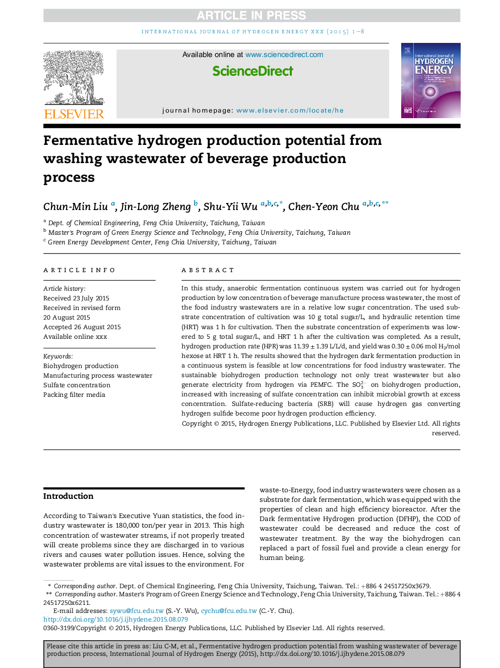 Fermentative hydrogen production potential from washing wastewater of beverage production process