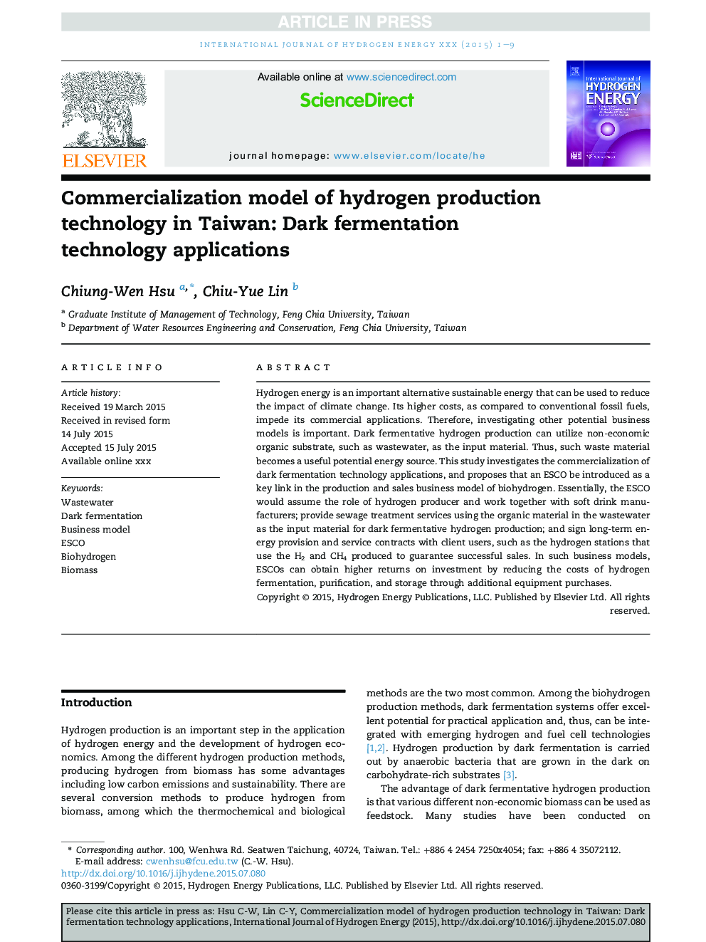 Commercialization model of hydrogen production technology in Taiwan: Dark fermentation technology applications